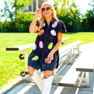 PINK LILY BOUTIQUE UNDER STADIUM LIGHTS BLACK MULTI COLOR PATCH FOOTBALL DRESS